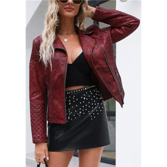 Red Faux Leather Moto Jacket Fitted Quilted Bomber Motorcycle Biker Jacket Coat - Picture 2 of 8